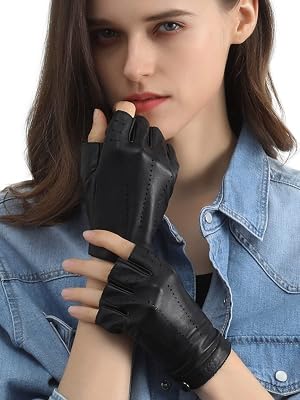 GSG Women Fingerless Leather Gloves - Driving Motorcycle Biker Gloves - Unlined Half Finger