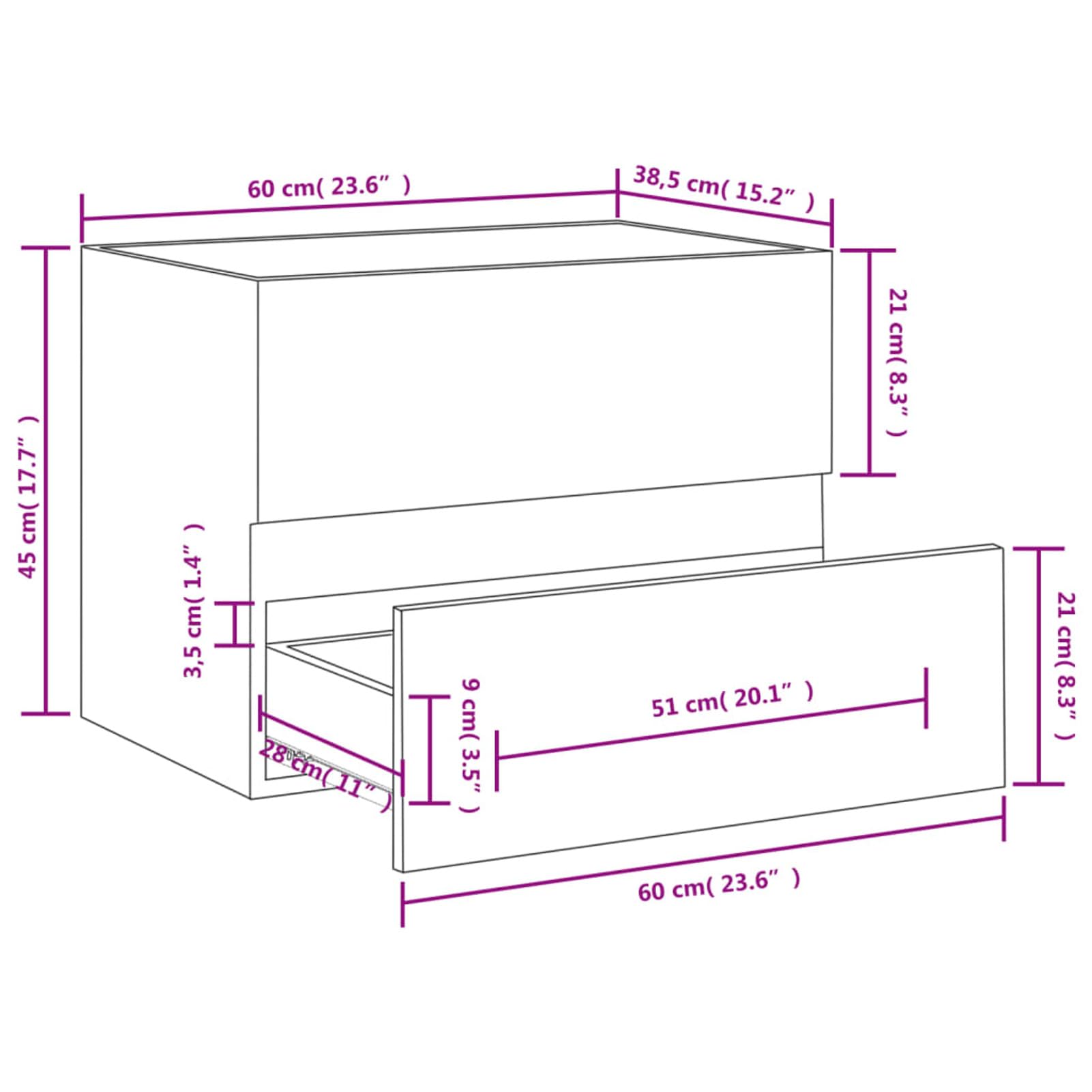 Mobile Lavabo Bianco 60x38,5x45 cm in Legno Multistrato-Mobile Bagno sospeso arredo Moderno mobili in Legno