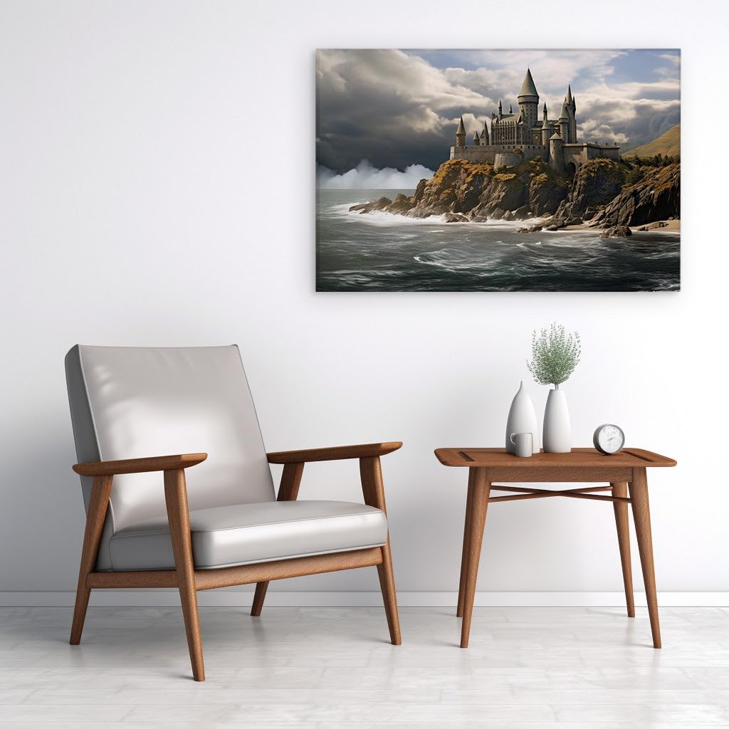 Medieval Castle's Majestic Stand Against Turquoise Seas and Stormy Skies Large, Decor, Office, Bedroom Wall. Size: 130x86 cm (51x34 inch) Canvas Wall Art - Modern Home Decor - 69x46 cm (27x18 inch)