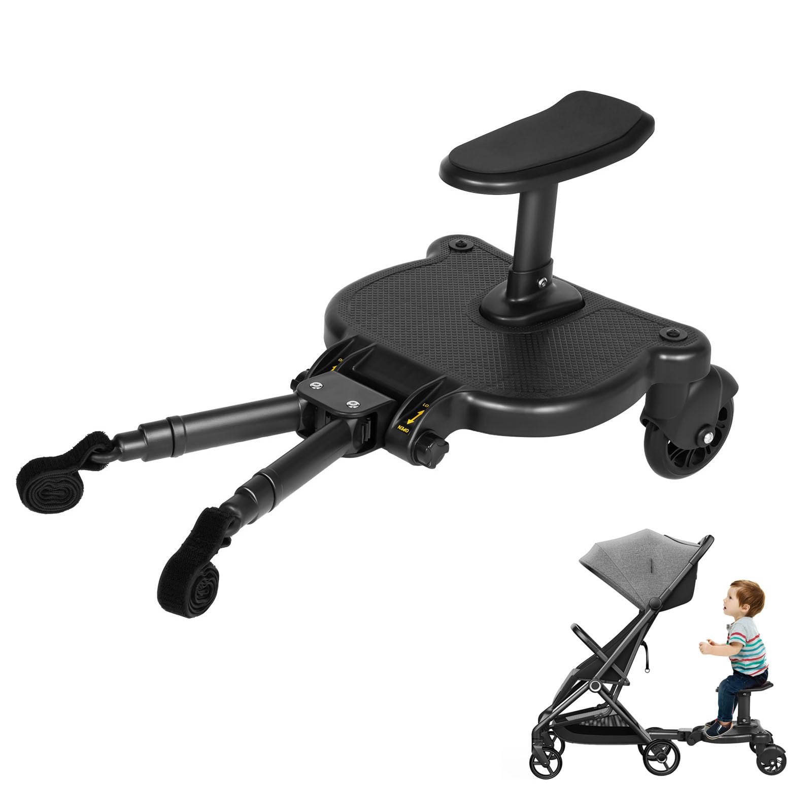 Buggy Board, Trittbrett für Kinderwagen Universal, Buggy Board mit Sitz, Kinderwagen Schaukler Höhe einstellbar, (Stehen/Sitzen) Kinderwagen Zubehör, Mitfahrbrett Universal Passend für 2-6 Ja