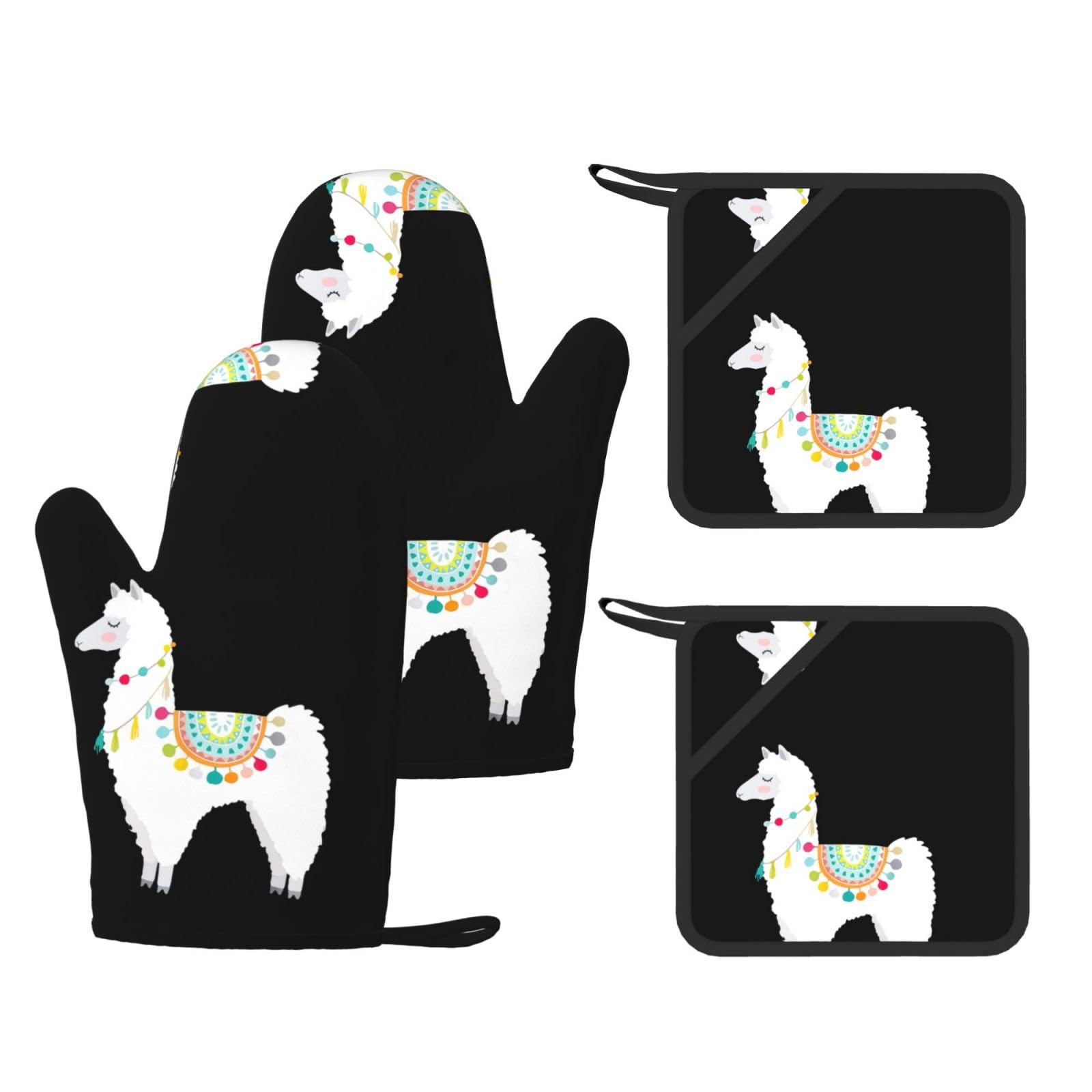 Llama Printed Oven Gloves and Hot Pads Set of 4, High Heat Resistant Silicone Mitts for Cooking BBQ