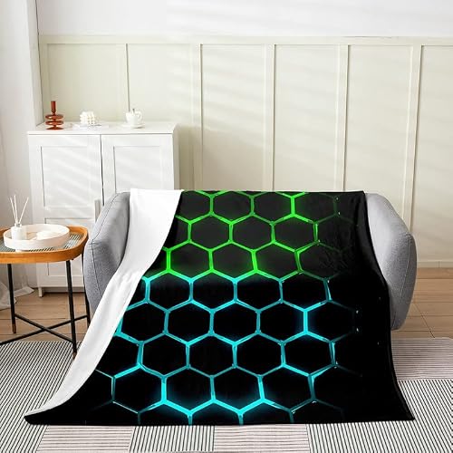 Honeycomb Throw Blanket,Geometric Hexagon Bed Blanket For Kids Teens Girls Boys Game Room Decor,Neon Watercolor Fuzzy Blanket Abstract Modern Black Flannel Blanket(Throw 50"X60"),Green Blue #TOP5