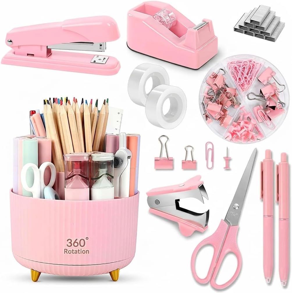 Pink Desktop Organizer Set with Rotating Pen Holder Office Supplies Kit