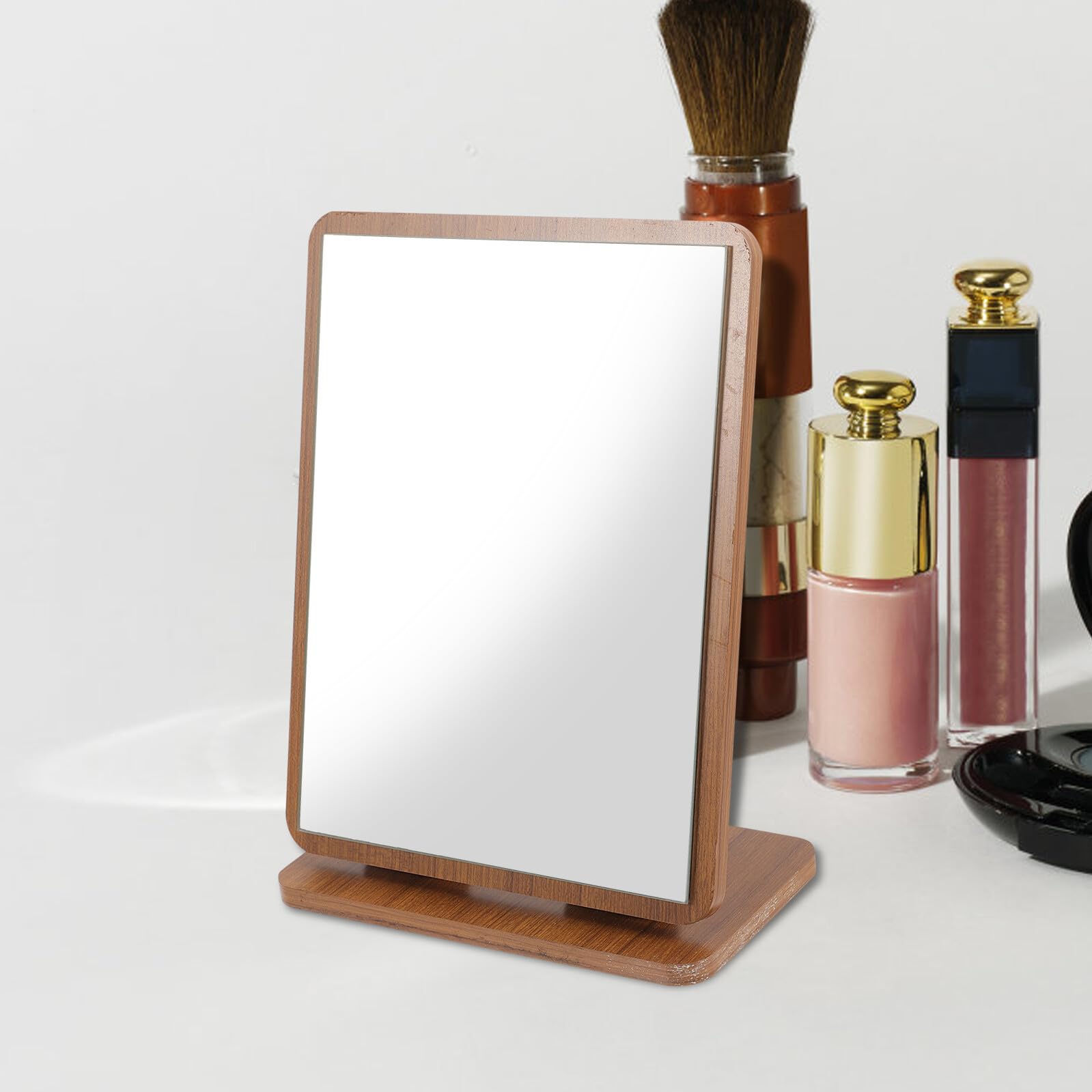 Specchio Elegante per Trucco in Legno Marrone Design Girevole Regolabile Specchio da Tavolo per Camera da Letto e Bagno