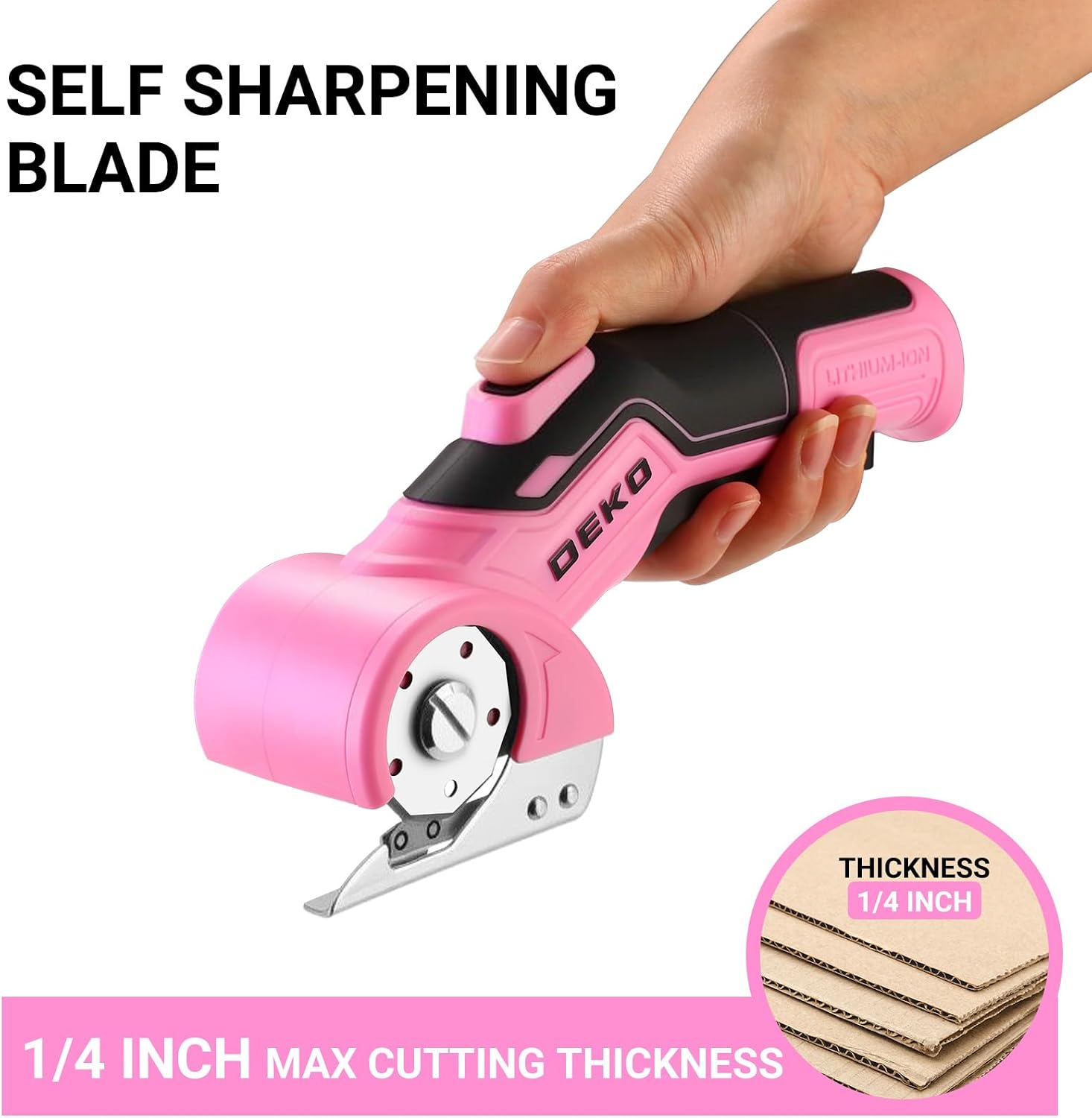 Cordless Electric Scissors Cardboard Cutter: DEKOPRO 4V 2000mAh Electric Box Cutter, Rechargeable Power Rotary Cutter with Safety Lock, 389g Carpet Cutter with 2 Blade, Type-C Charging(Pink)