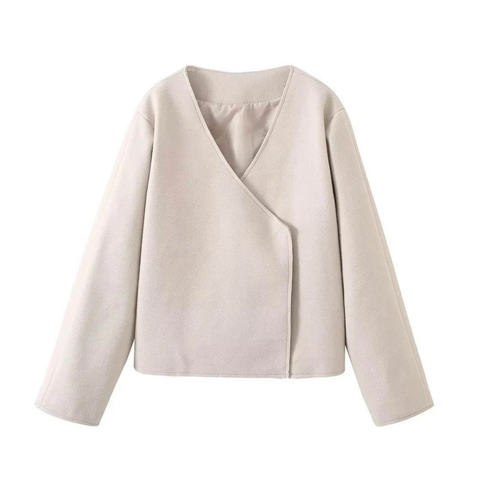 Manteau court bicolore femme veste blanche col en V manches longues mode tendance