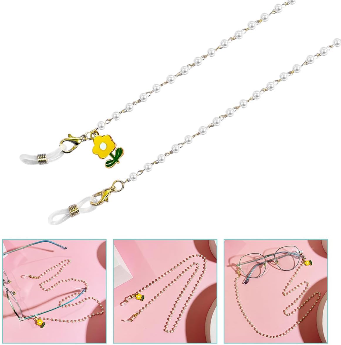 Floral Pearl Sunglasses Chain Eyeglass Strap Mask Holder Women Long Yellow Flower Eyeglass Accessory