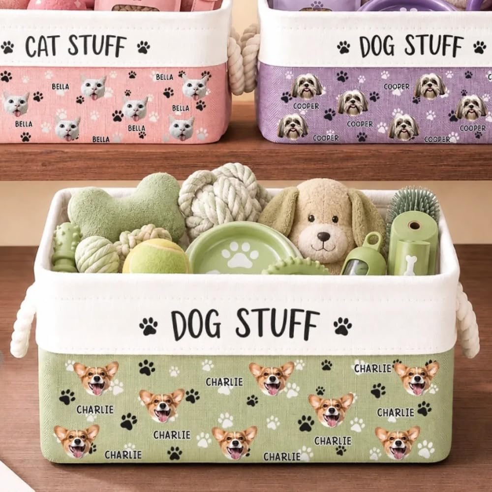 Personalized Pet Lover Paw Print Storage Basket, Custom Dog Cat Face Photo Decoration with Rope Handle, Pet Dad Mom Storage Basket with Name, Cat Lover Gift for Christmas, Dog Owner Birthday Gift