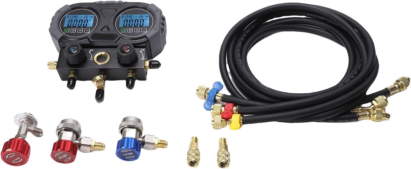 AUNMAS Digital Single Manifold Meter, HVAC Refrigerant Recharge Kit with Industrial Grade Ball Valve and LCD Screen, for AC Diagnostic Testing and Recovery Tasks