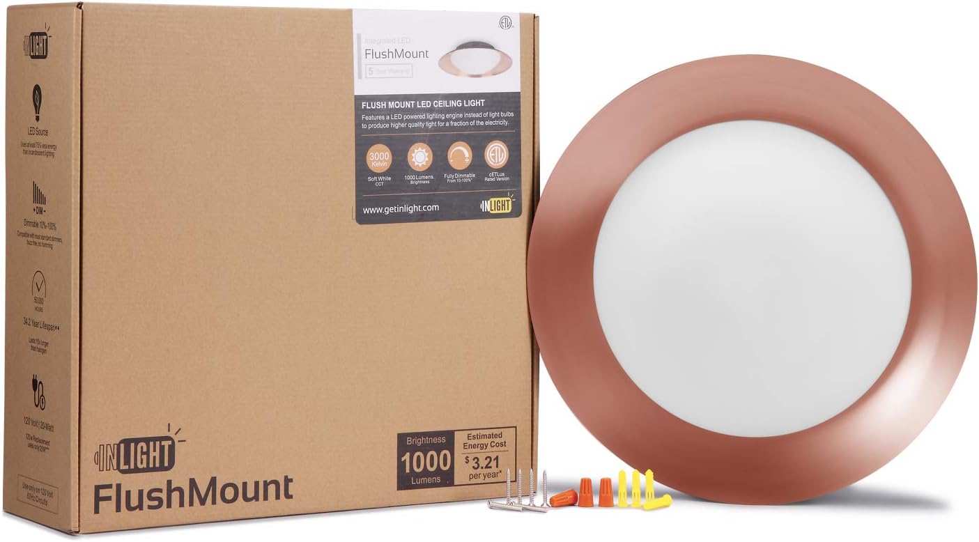 GETINLIGHT LED Surface Mount Ceiling Light, 14-Inch, 20W(100W Equivalent), Copper Finish, 3000K(Soft White), Dimmable, Round, Dry Location Rated, ETL Listed, IN-0318-2-CP-30