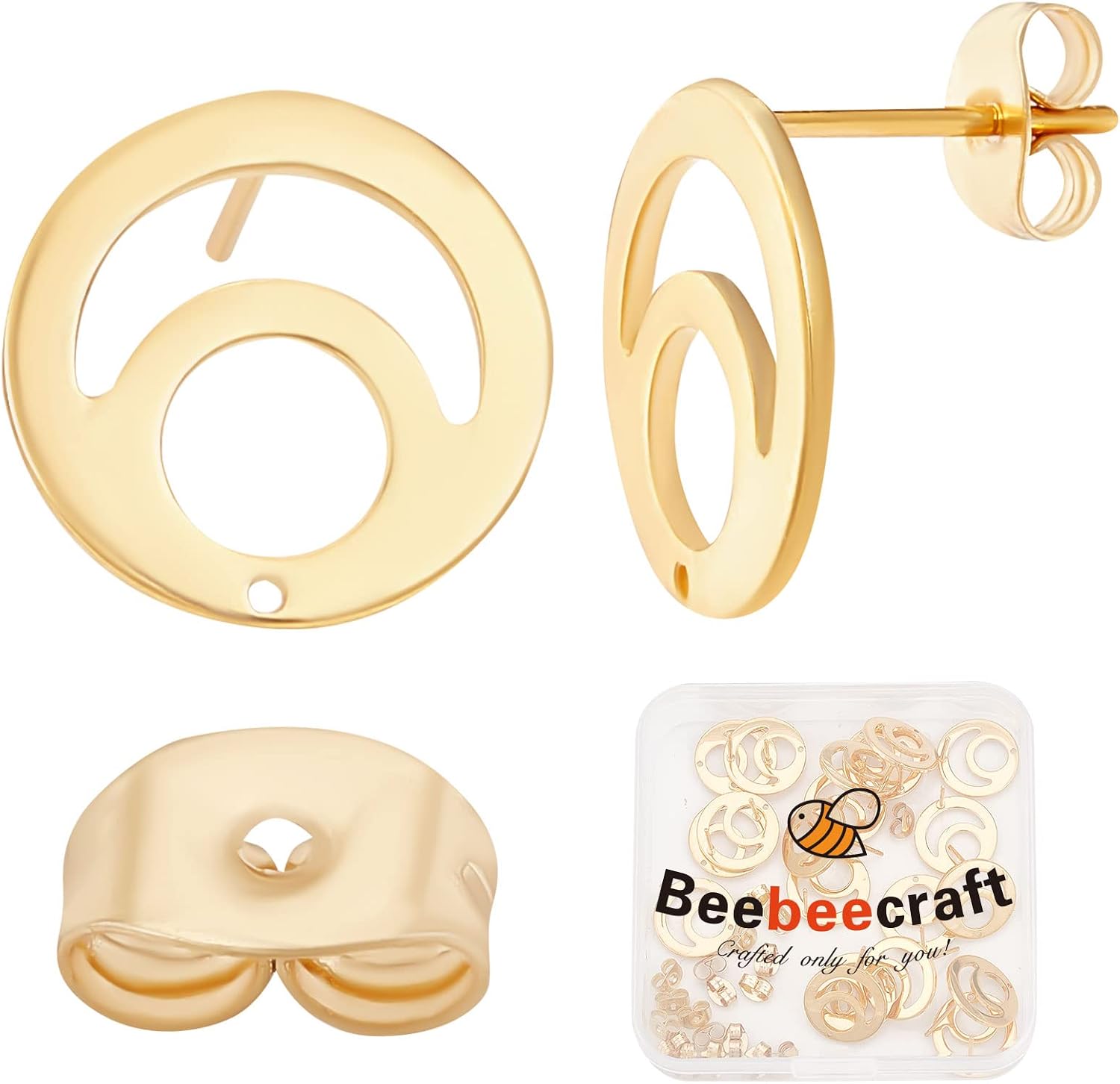 Beebeecraft 1 Box 30Pcs Flat Round Stud Earring Findings 24K Gold Plated Hollow Moon Earring Posts with Hole and 30Pcs Earring Safety Backs for Mother's Day Spring Bank Holidays DIY Earring Making