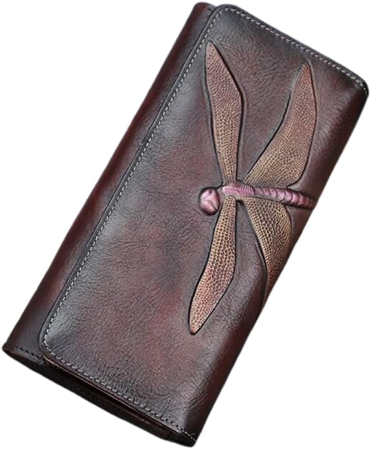 Bifold Leather Wallets for Women Embossed Dragonfly Handmade Leather Wallet Cellphone Clutch Holder Purse (Light brown)