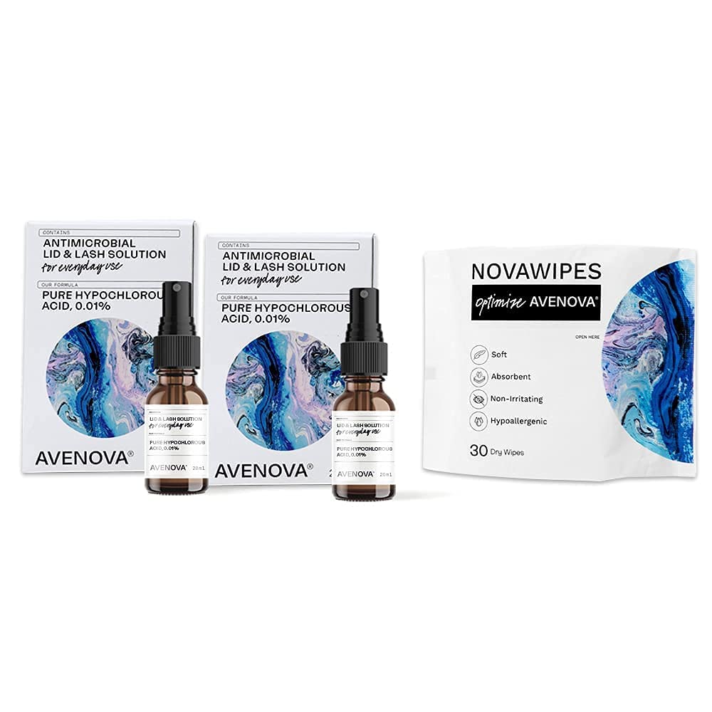 Avenova 2-Pack Eyelid and Eyelash Cleanser Spray with 1-Pack of NovaWipes, With Pure Hypochlorous Acid, Get Relief from Dry Eyes, Styes, Blepharitis, and Contact Lens Intolerance