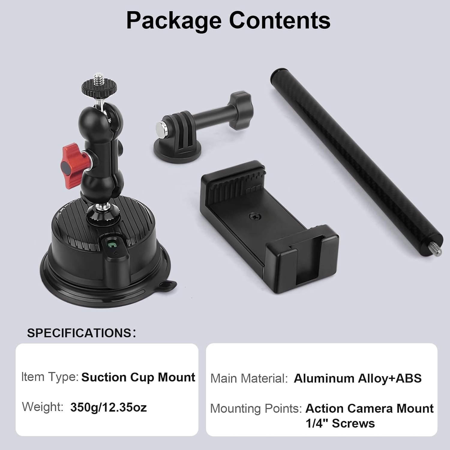 Suction Cup Mount with 10" Carbon Fiber Rod- Adjustable Car & Home Camera Holder for Action Cams,Smartphones & 360°Cameras - Compatible with GoPro,DJI OSMO,Insta360 X4/X3,Akaso,and More