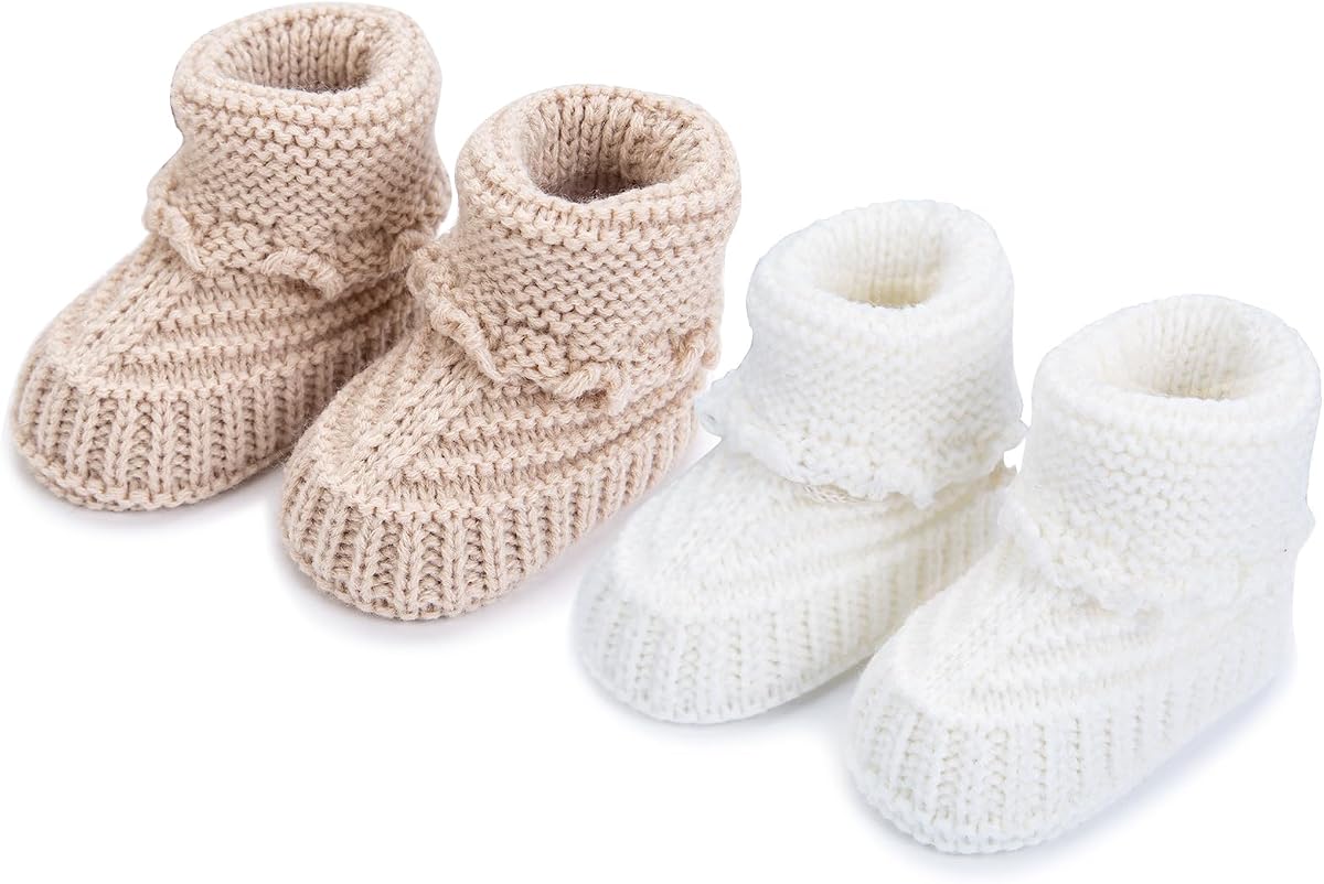 2 Pairs Baby Booties Newborn Baby Hand Crochet Knit Boots Infant Soft Cozy Warm Shoes for Toddler Girls Boys