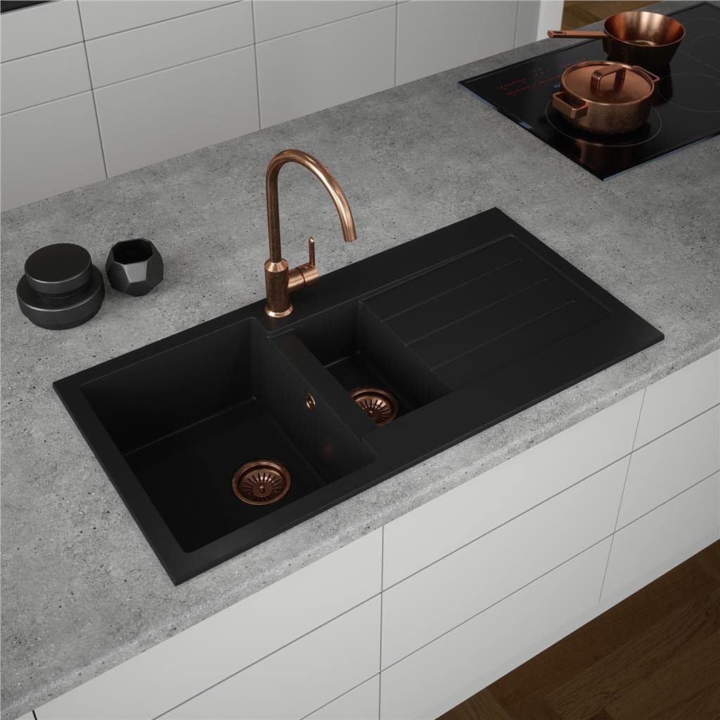 Liquida ELL15BL 1.5 Bowl Comite Reversible Inset Black Kitchen Sink with Wastes