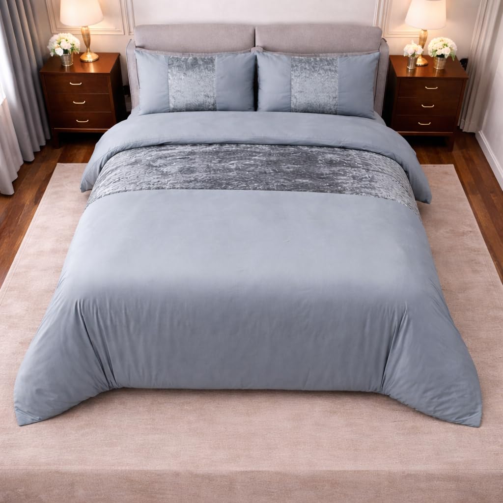 BOSKI LONDON Crushed Velvet Panel Duvet Cover Set | Luxury Microfiber Bedding Set with Pillowcases | Velvet Stripe Design Single Double King Super King (SILVER-SILVER, SINGLE (137 × 198 cm))