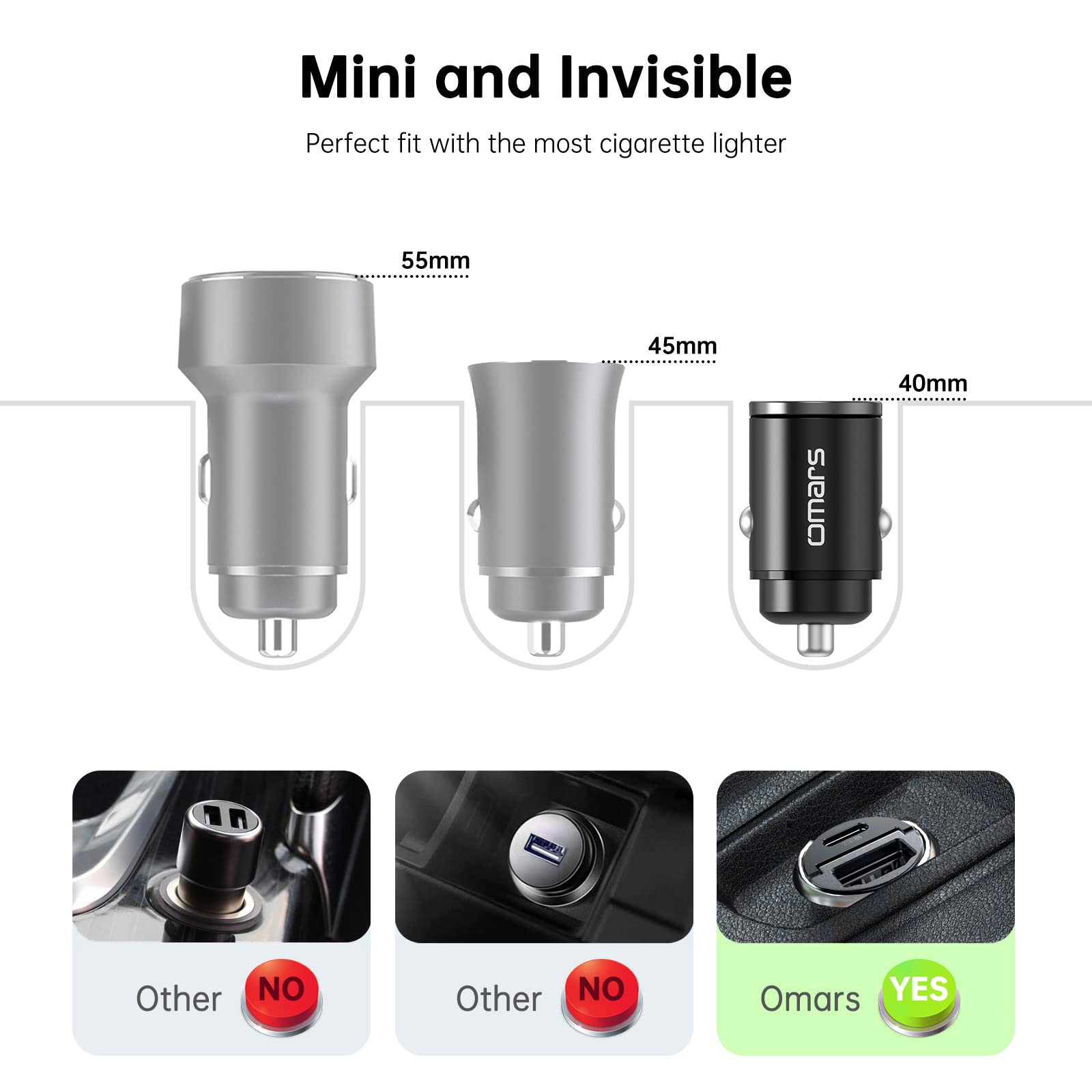 Omars Ładowarka samochodowa 63W [USB-C 33W + USB-A 30W] 5A Szybkie ładowanie z pierścieniem pociągowym, dla iPhone12 Pro MAX Mini Samsung S21 Huawei LG iPad Airpods