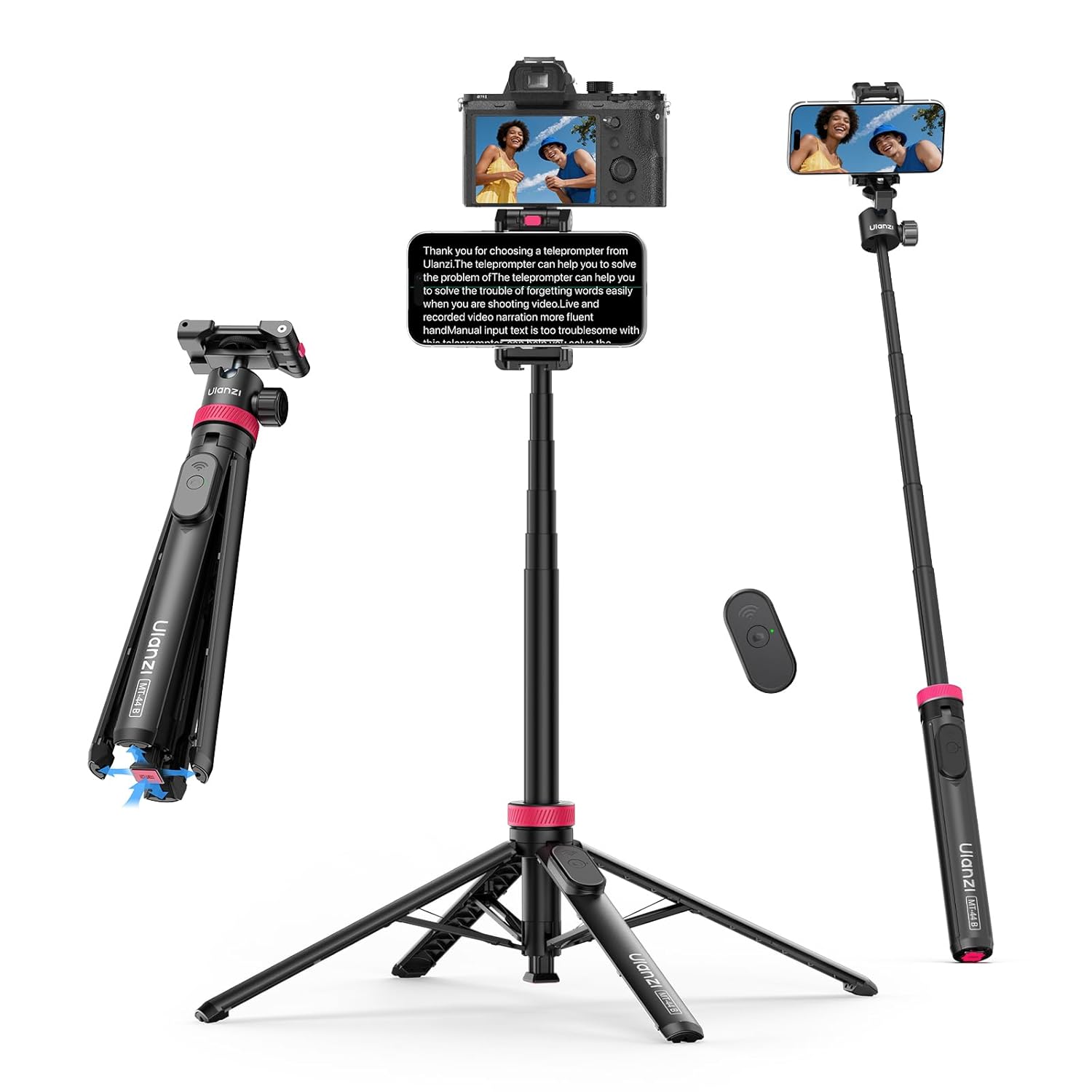 ULANZI MT-44B Phone Tripod 59 Auto Open Phone Stand with Dual Camera Set up 360 Ball Head Extendable