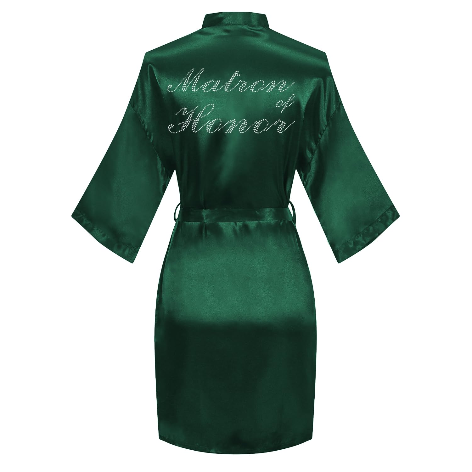 Women's Satin Robe Bride Bridesmaid Short Kimono Robes with Silver Rhinestones for Wedding Party Getting Ready