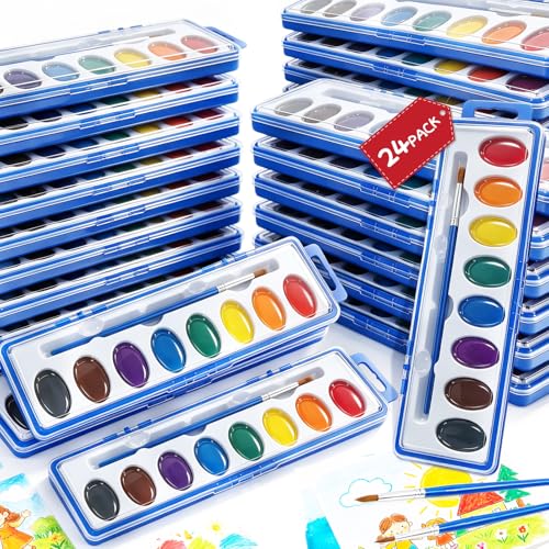 24 Pack Water Colors Paint Set for Kids Washable Non-Toxic Watercolor Paints with Brushes Water Color Set for Classroom Parties & Art Activities