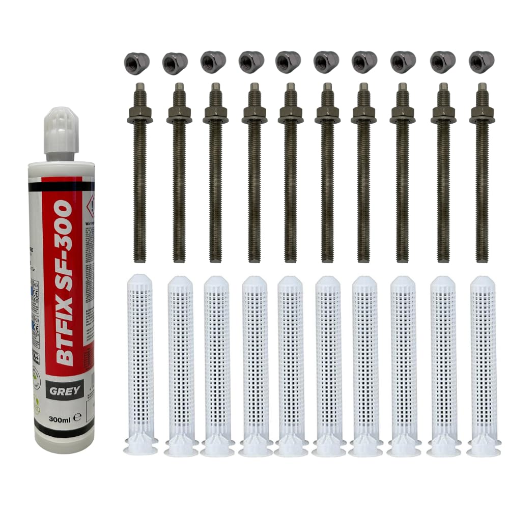 BATIFIX Schwerlast-Montageset I M10x130 Ankerstangen A4 + Siebhülsen inkl. Injektionsmörtel und Hutmuttern I Schwerlast-Anker I Schwerlast-dübel (Edelstahl V4A, M10 x 130 mm)