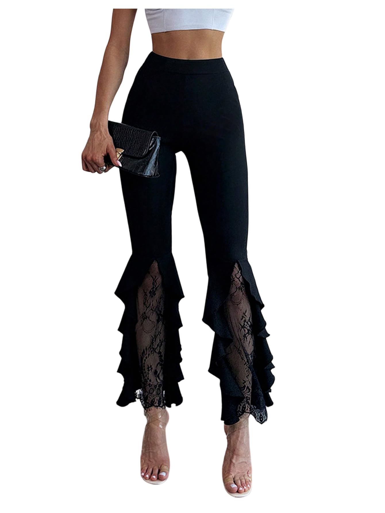GORGLITTER Womens Lace Goth Bell Bottom Pants Mesh Flare High Waisted Flared Leggings