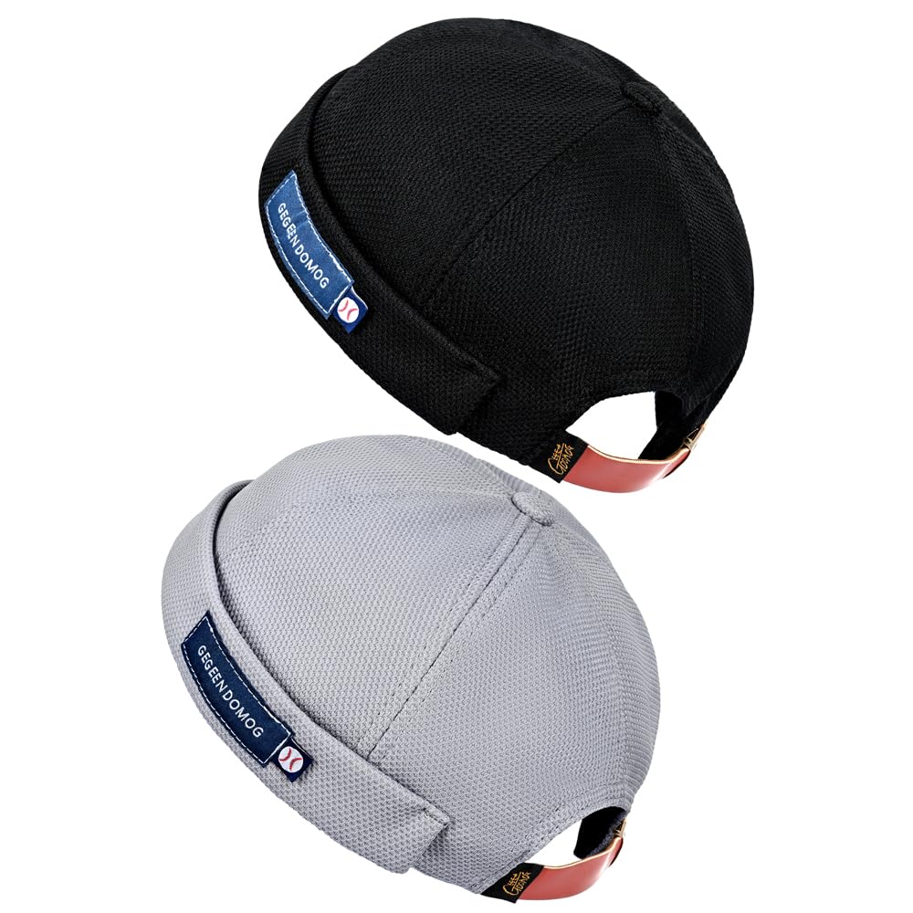 jerague Breathable Docker Beanie Hat Adjustable Leather Buckle Vintage Style Brimless Cuff Watch Cap