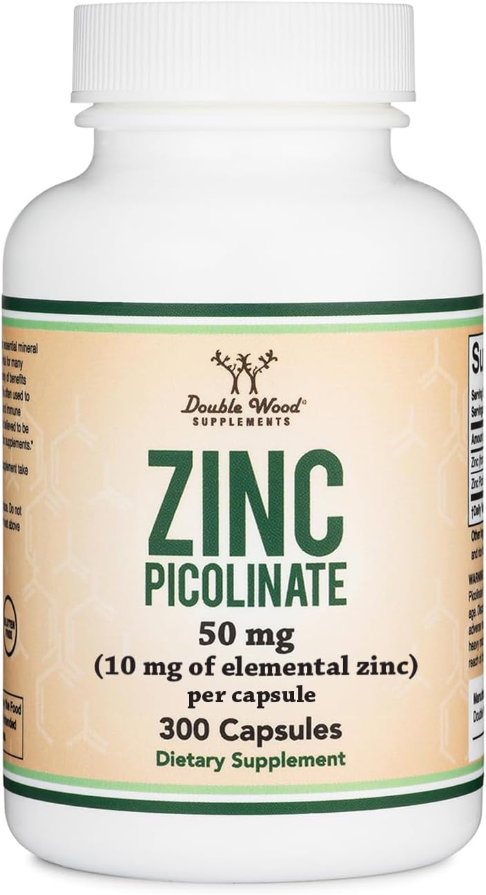 Double Wood Supplements Zinc Picolinate 50mg, 300 Capsules (Immune Support for Kids and Adults) Non-GMO, Gluten Free, Made in The USA (300 Day Supply)