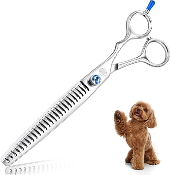 Moontay Professional Dog Grooming Straight, Curved, Thinning/Blending/Chunking Scissors Kit, JP-440C Stainless Steel Pet Cat Hair Cutting/Trimming Shears, Silver 8" 26-Serrated Tooth