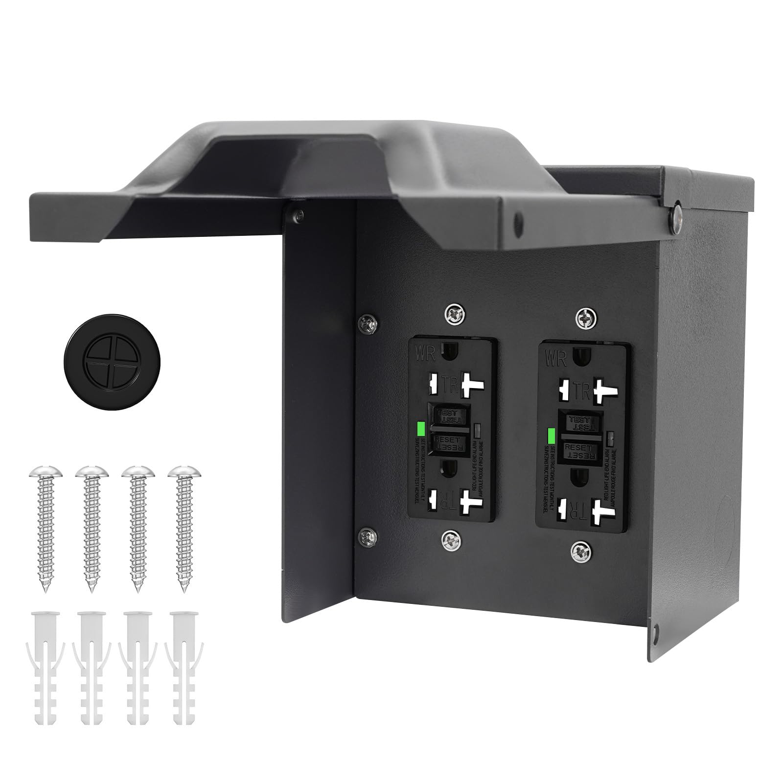 Outdoor Electrical Outlet Box, Weatherproof Dual 20 AMP GFCI Receptacles Metal Outlet with Cover Outdoor Charging Box for Yard, Garage (Black)