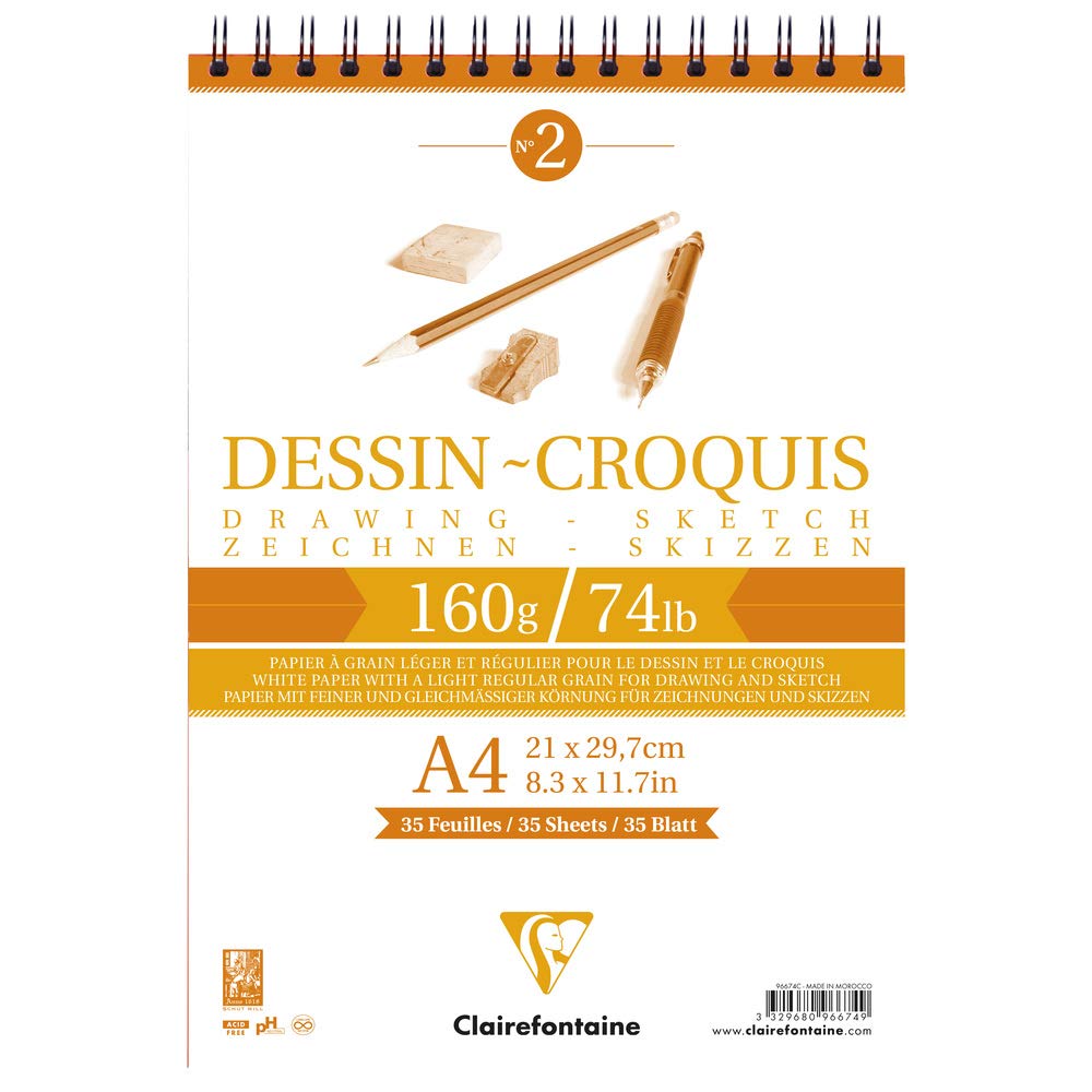 Clairefontaine - Ref 96674C - Wirebound White Drawing Sketch Pad (35 Sheets) - A4 Sized, 160gsm Paper, White & Smooth Drawing Paper, Acid Free, pH Neutral