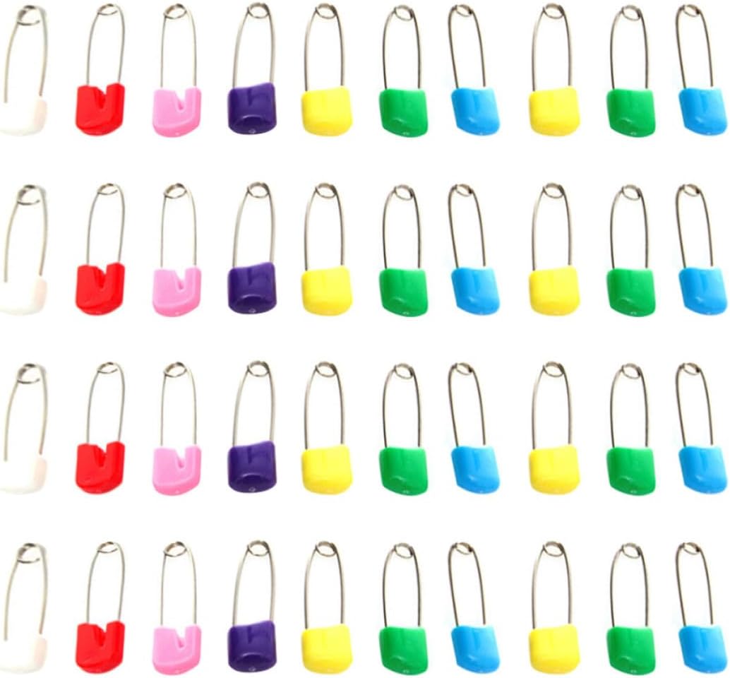 Safety Pins Easy to Open 100pcs for Cloth Diapers with Locking Plastic Heads, Steel and Plastic Material for Saliva Towels and Nursing Cloths