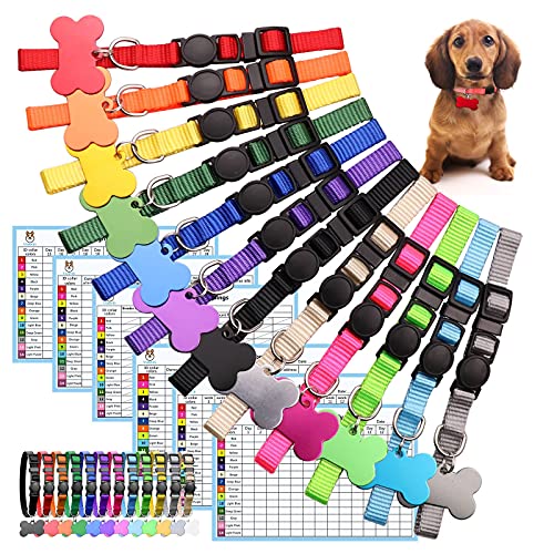 12 PCS Puppy Collars for Litter with ID Tags Puppy ID Collars Whelping Puppy Collars Safety Buckle Soft Nylon Breakaway Collars with 6 Record Keeping Charts Bone Tags(M)