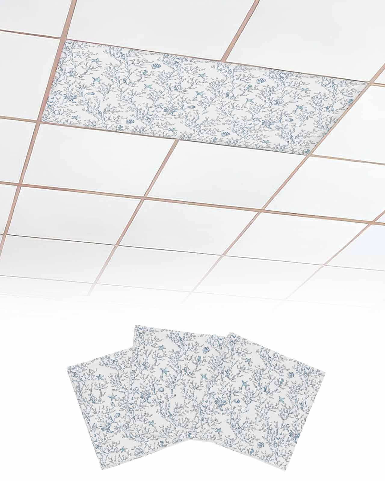 Summer 3 Pcs Fluorescent Light Covers for Ceiling Lights, Ocean Retro Conch Coral Shell Magnetic Light Filters for Eliminate Harsh Glare Classroom Office Decoration, 4 x 2 Ft