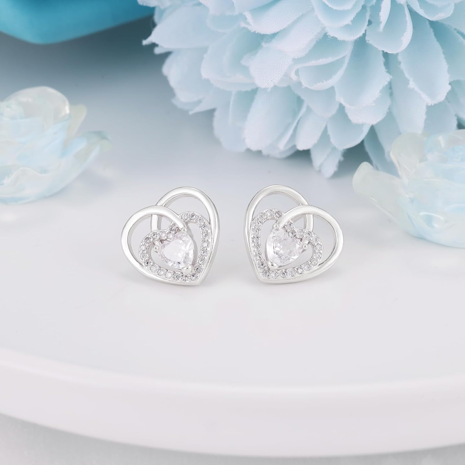 Heart Stud Earrings for Women - Sterling Silver Double Love Heart-Shaped Earrings Hypoallergenic Cubic Zirconia Hollow Post Earring Dainty Sparkle Jewelry Gifts for Her Wife Mom - Image 4