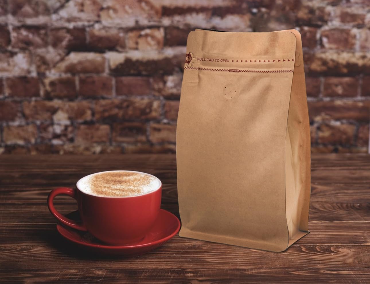 Wiederverschließbare Kraftpapier-Kaffeetüten mit Entgasungsventil, flacher Boden, Seitenfalte, Standbeutel mit Reißverschluss (50 Stück, passend für 250 g Bohnen oder gemahlenen Kaffee)