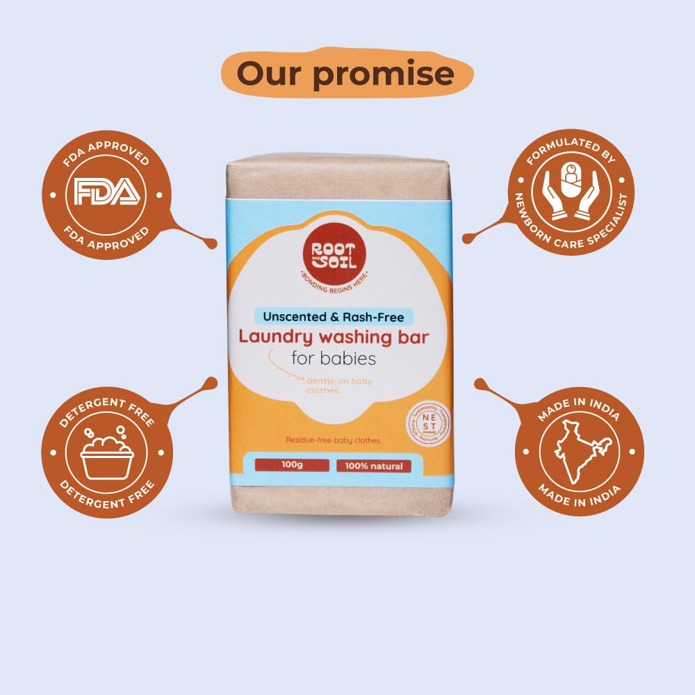 ROOT and SOIL Baby Laundry Washing Bar - Unscented 100G (from 0+ Months) - Pack of 4 | All Natural Ingredients | No Added Bleach | No added Detergents | No Added Fragrances 4
