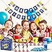 Esjay Game Themed Birthday Party Supplies Set (98 PCS) - Includes 24 Chug Jug Bottle Labels, 24 Drop Boxes, 24 Cupcake Toppers, 1 Birthday Banner, 24 Balloons, 1 Ribbon (Blue, Green)