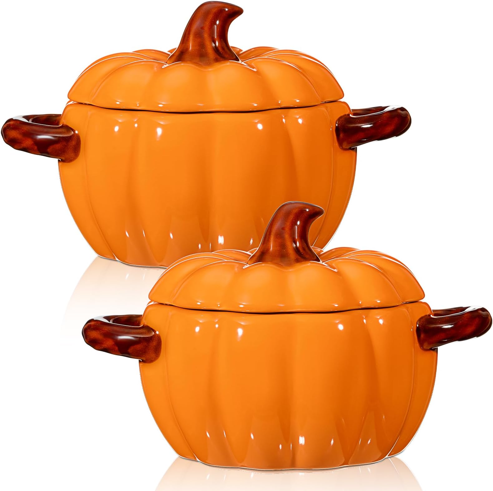 Uiifan 2 Pcs Pumpkin Bowls Ceramic Pumpkin Dish 17 oz Casserole Cookware Pumpkin Pot for Cooking Cute Pumpkin Safe Oven Pot with Lid Double Ear for Thanksgiving Autumn Fall Baking Halloween (Orange)