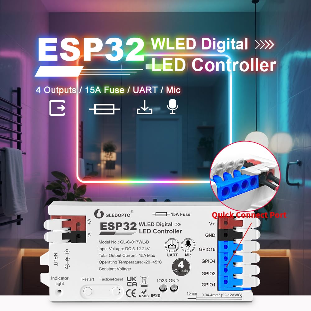 Controlador LED WiFi de 4 vías ESP32 WLED - Compatible con Alexa/Google Home - para tiras LED RGB 5-24 V - Max 15A - GL-C-017WL-D (1 unidad)