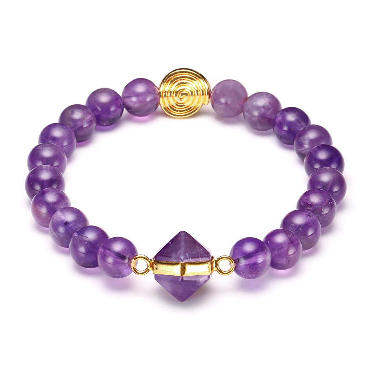 Crystal Tears Natural Crystals Amethyst Rose Quartz White Turquoise Chakra Healing Beaded Bracelet with Hexagon Prism Beads Gold Spiral Charm