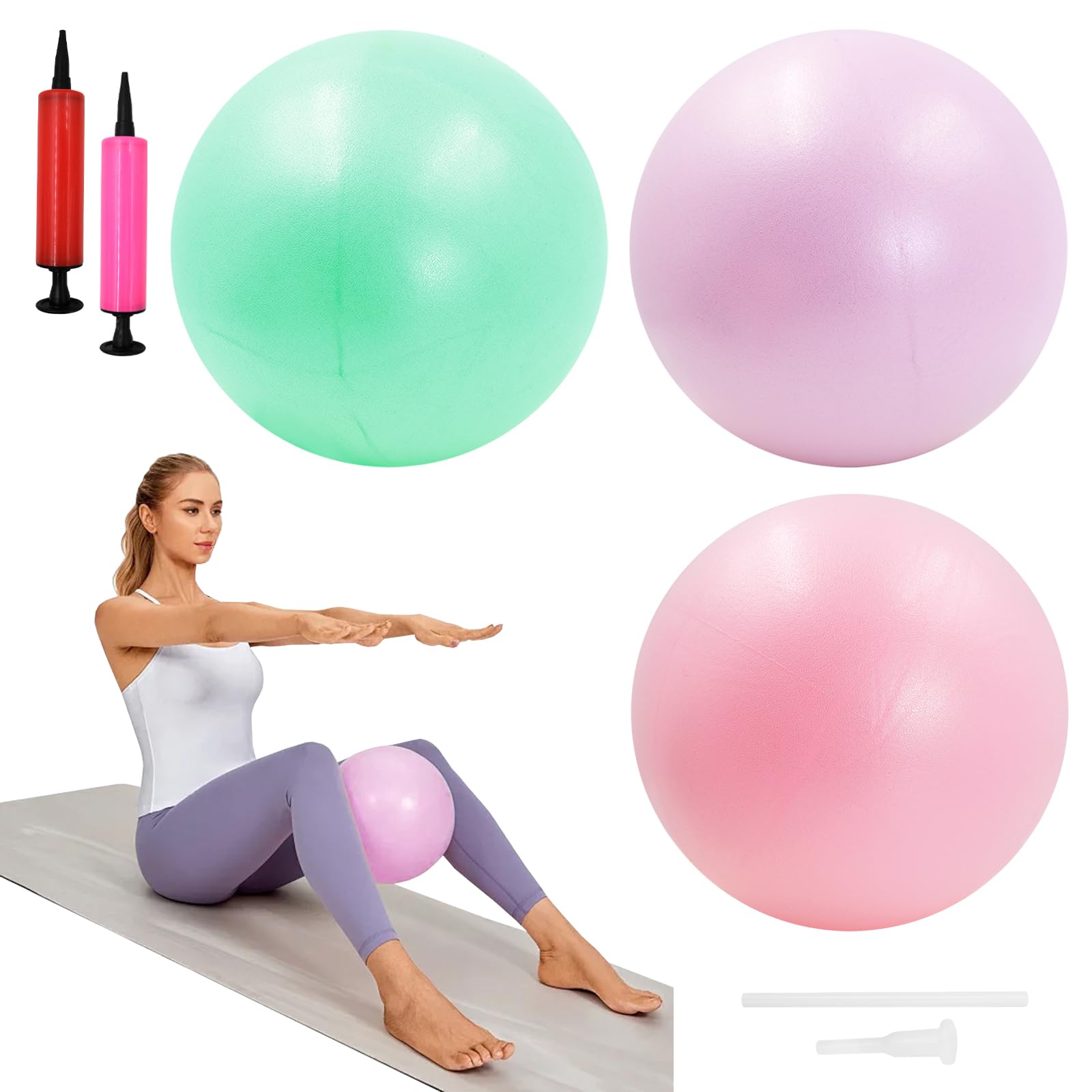 Zatix​bu 3Pcs Pilates Ball 25cm, Lightweight Yoga Ball with Pump, Anti-Burst Portable Exercise Balls for Core Strength Fitness Balance Physical Therapy, Non-Slip