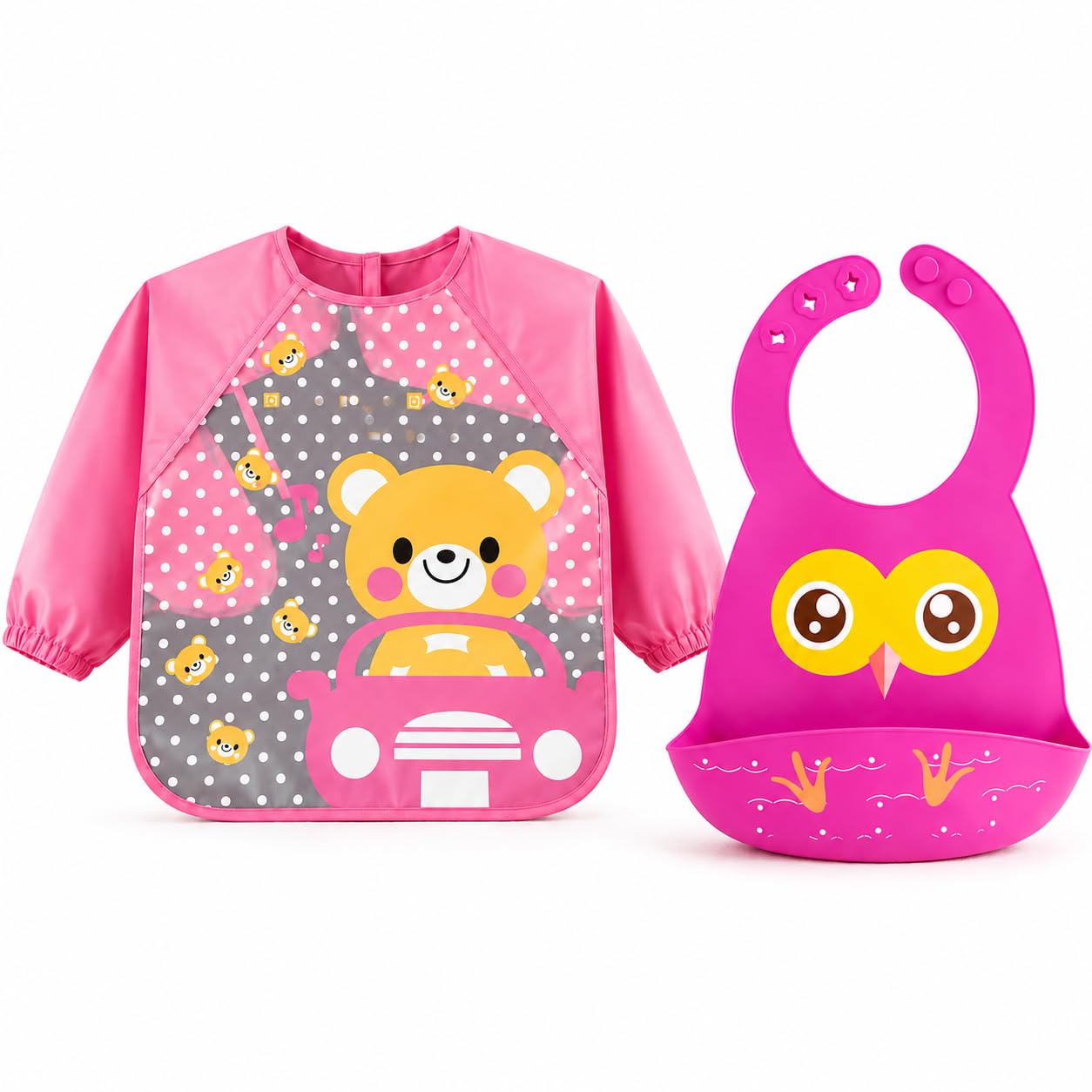 Baby Feeding Bib Combo Pack, Waterproof Full Sleeve Apron Bib with Teddy Bear Print & Silicone Owl Bib with Food Catcher Pocket, Adjustable Reusable Bib Set for Babies & Toddlers (Pink & Purple)-image-14