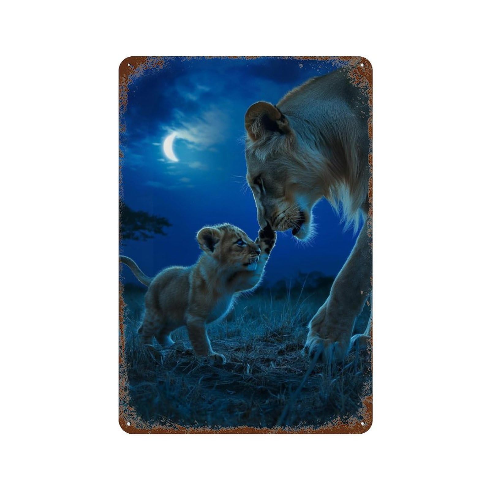 Lioness And Cub Moonlight Encounter Vintage Rust Metal Sign 11.8"x7.9", Retro Wall Decor for Garage, Pub Or Kitchen