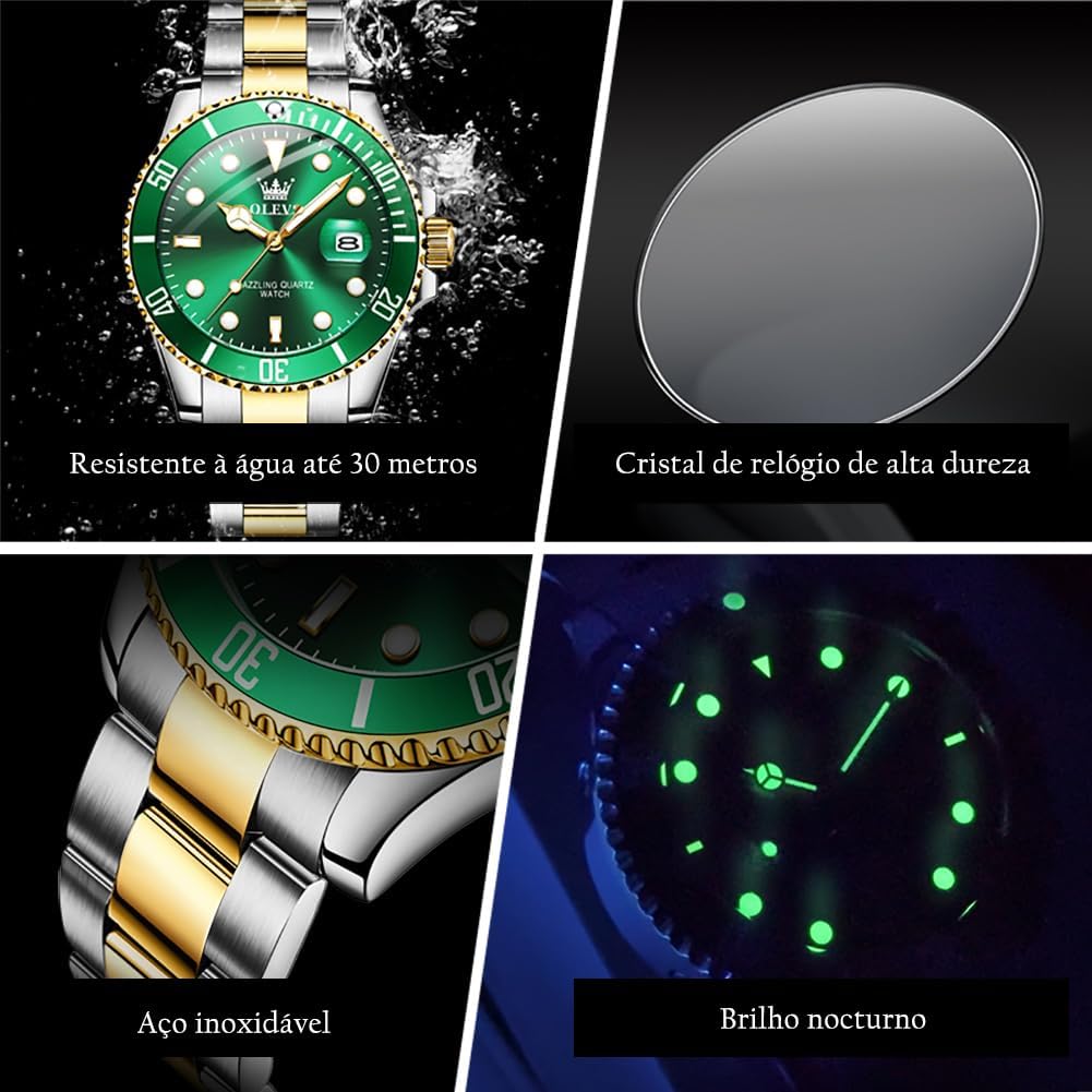 OLEVS Relógio Masculino em Aço Inoxidável com Data e Ponteiros Luminosos, Resistente à Água 30M