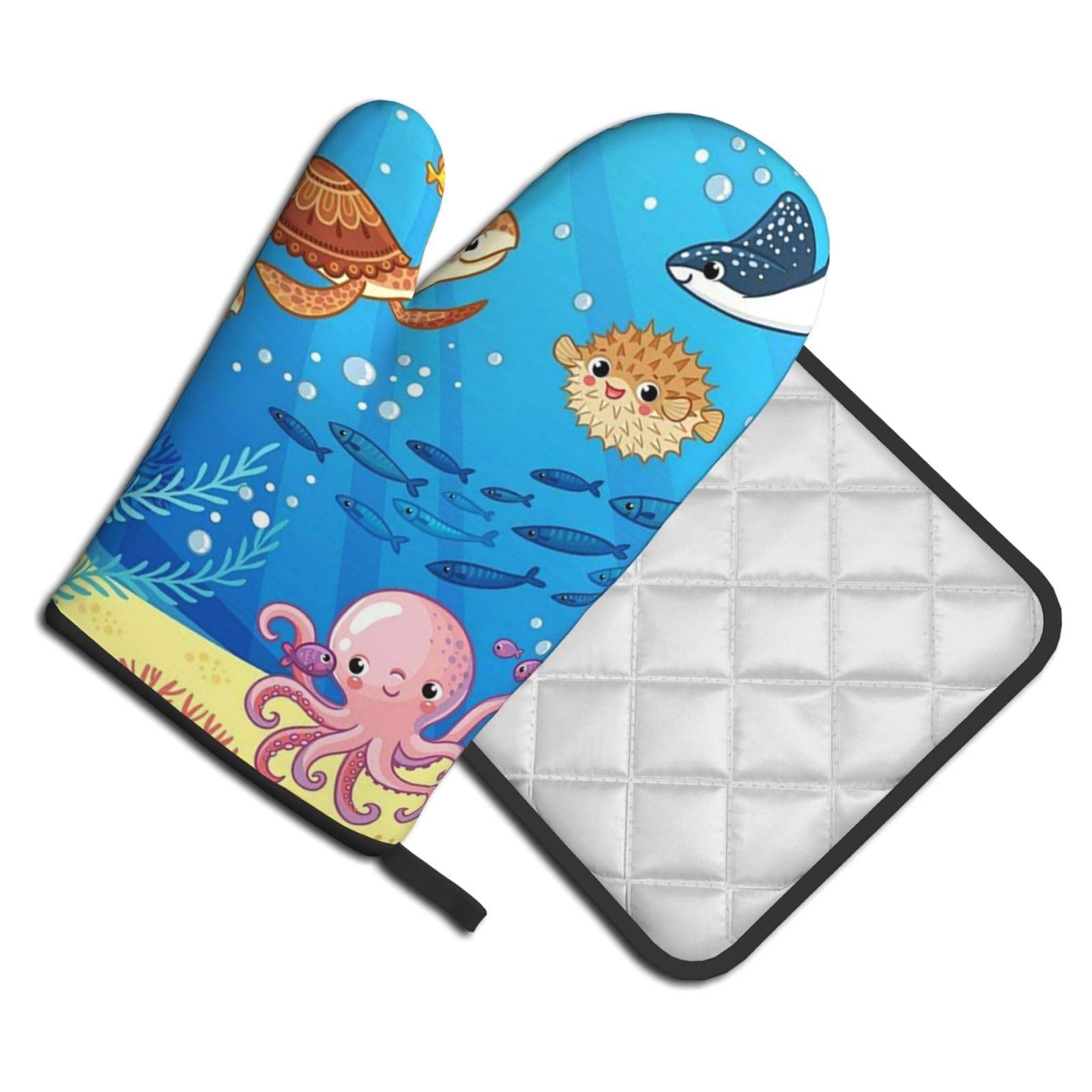 Oven Mitts and Pot Holders Set of 2 Pcs, Underwater world fish dolphin Printed Heat Resistant Kitchen Gloves Potholders for Cooking Baking Grilling