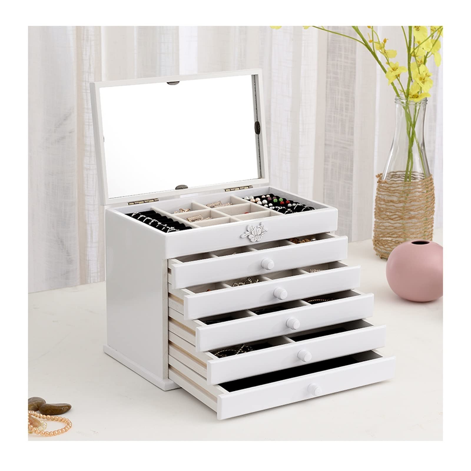 Organizer na biżuterię dla kobiet, drewniana szafka na biżuterię z zamkiem i 5 szufladami, idealne do przechowywania pierścionków i naszyjników, elegancki design dla dziewcząt