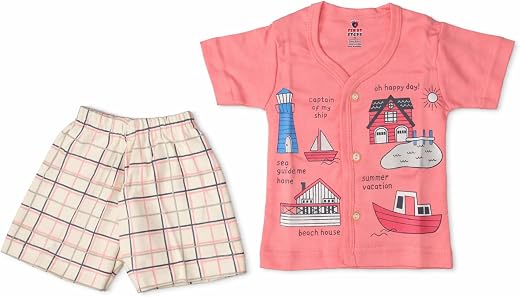 First Steps Baby Cotton Half-Sleeve Shirt and Shorts Set, Peach, Nautical Print, for 0-1 Year