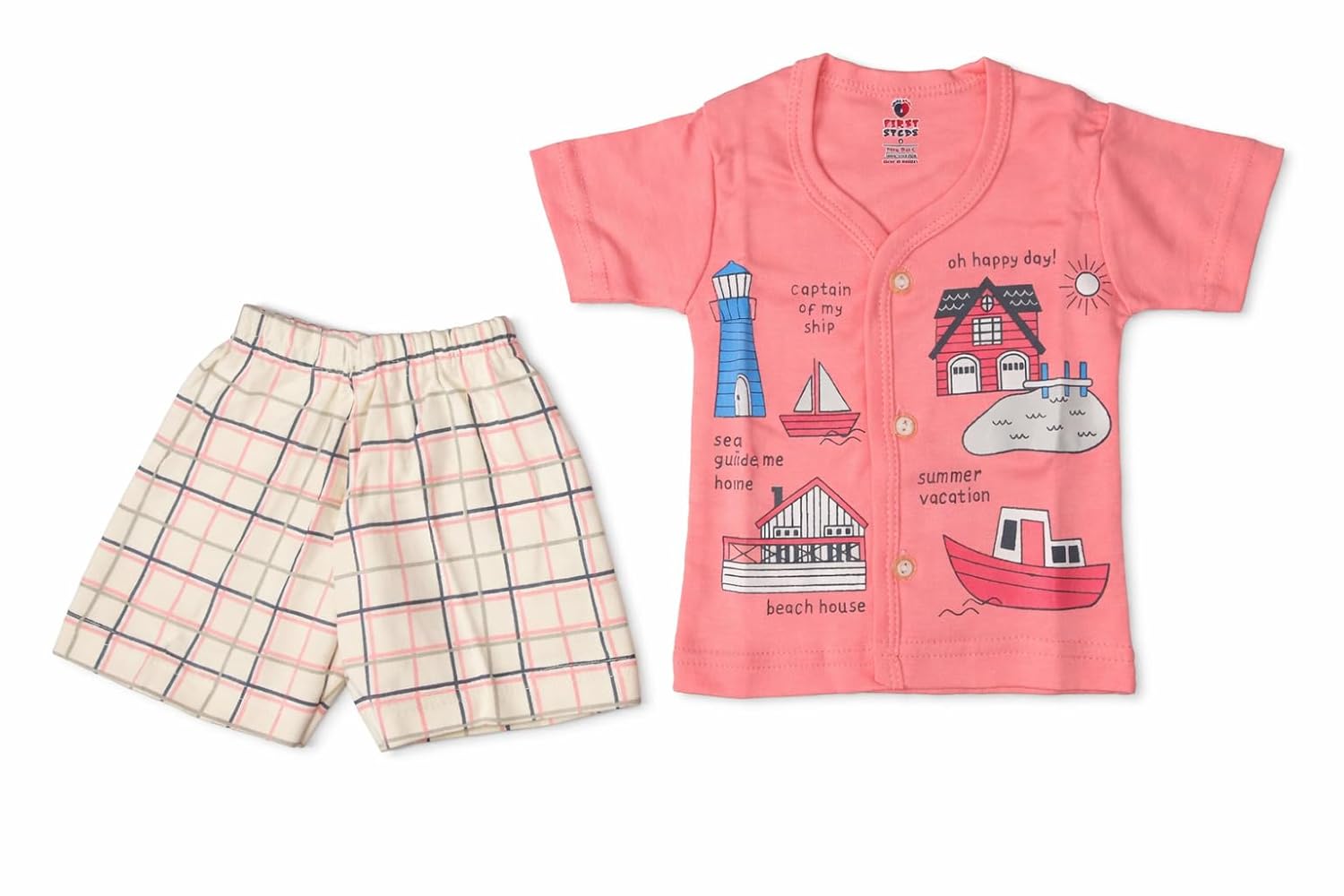 First Steps Baby Cotton Half-Sleeve Shirt and Shorts Set, Peach, Nautical Print, for 0-1 Year - Review, Price and Buying Guide